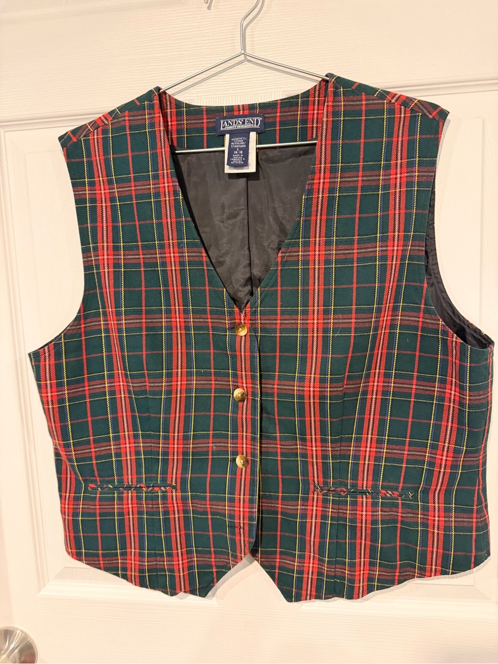 Lands' End women's Green & Red Plaid Vest-large
